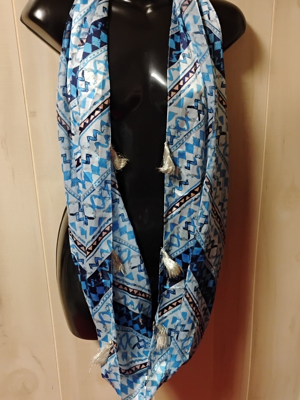 Blue Geometric Infinity Scarf with Silver Tassels
